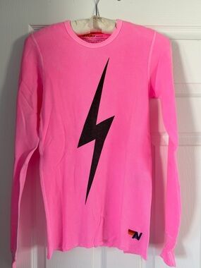 Aviator Nation Neon Pink Long Sleeve Tee with Black Lightning Bolt